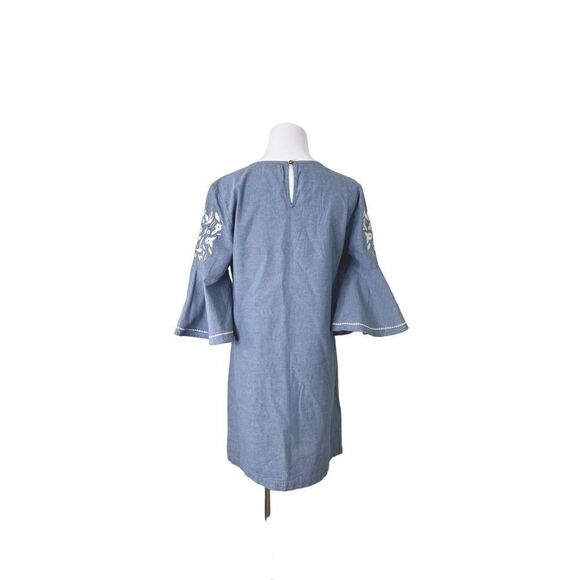 Mud Pie Chambray Blue 3/4 Embroidered Bell Sleeves Shift Dress Sz Small‎ - Picture 4 of 12